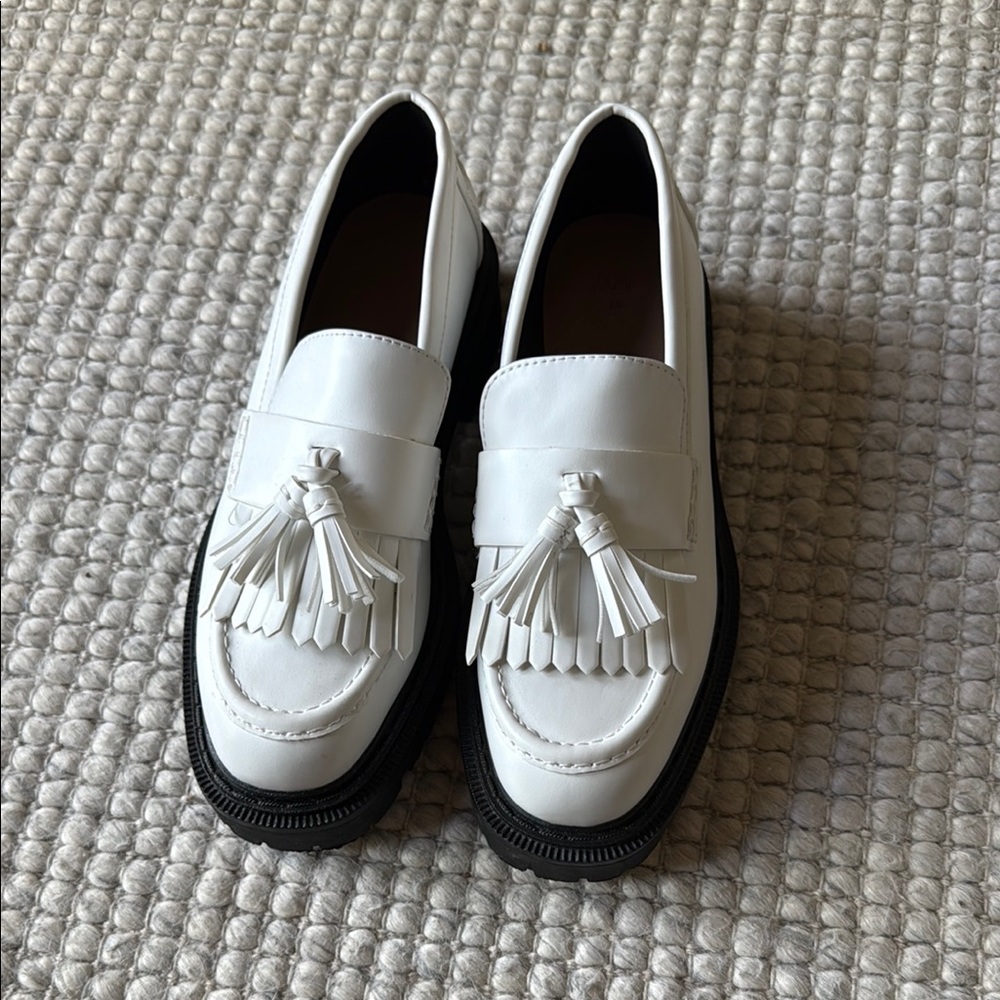 Womens White platform Loafers with Tassels
